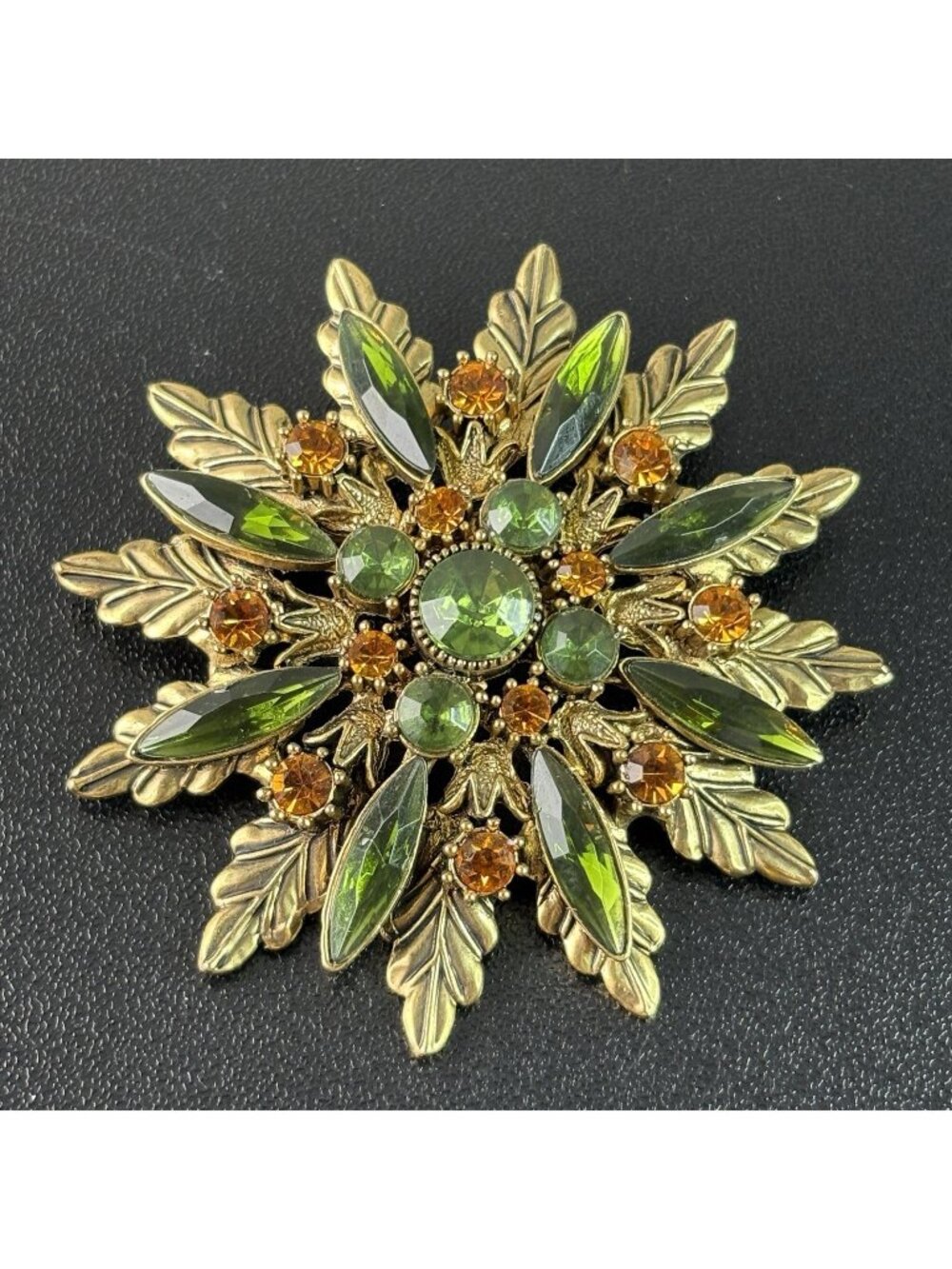 Vintage Gold Tone Floral Brooch Pin Cluster Leaves Green Amber Rhinestones 2.25"